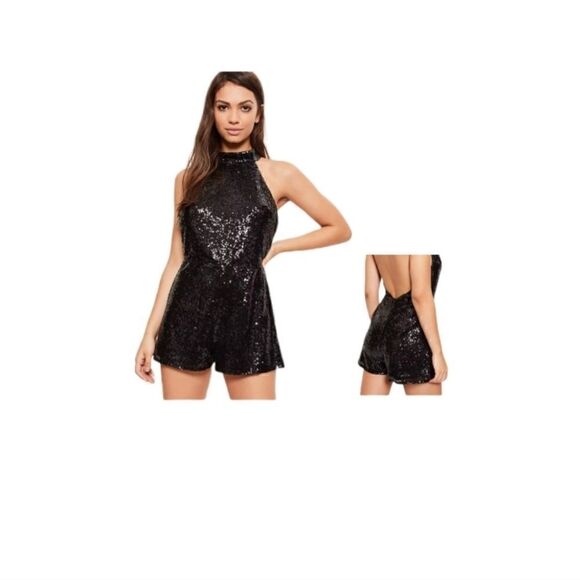 LUSH Black Textured Shiney Shimmer Halter backless Romper S - Picture 1 of 13